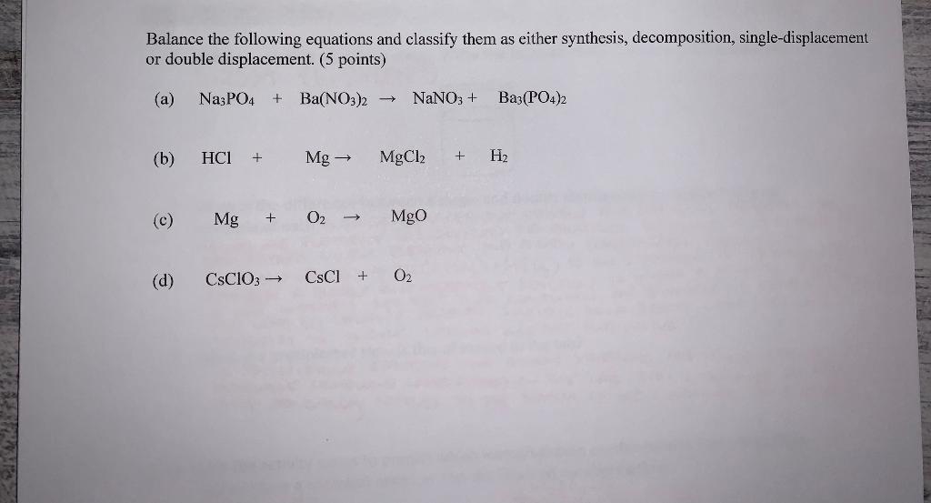 Solved Balance the following equations and classify them as | Chegg.com