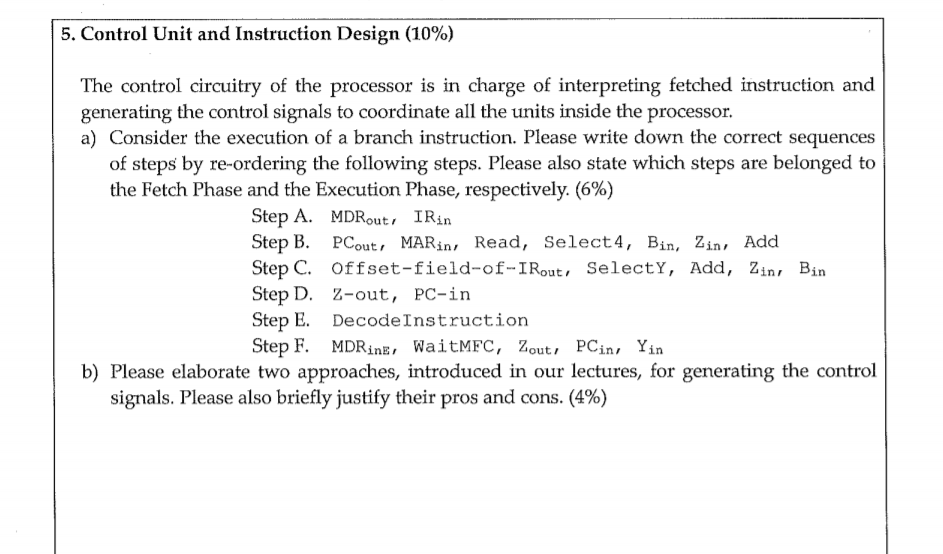 5. Control Unit and Instruction Design (10%) The | Chegg.com