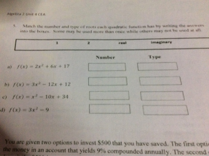 Solved Algebra 2 Unn 4 CEA S. Malch The Pumber And Type Of | Chegg.com ...