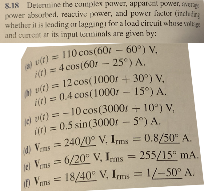 Solved 8.18 Determine The Complex Power, Apparent Power, | Chegg.com