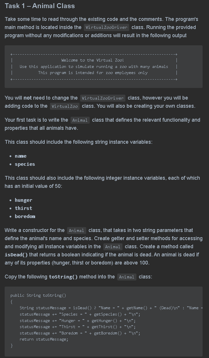 Solved Task 1 - Animal Class Take some time to read through | Chegg.com