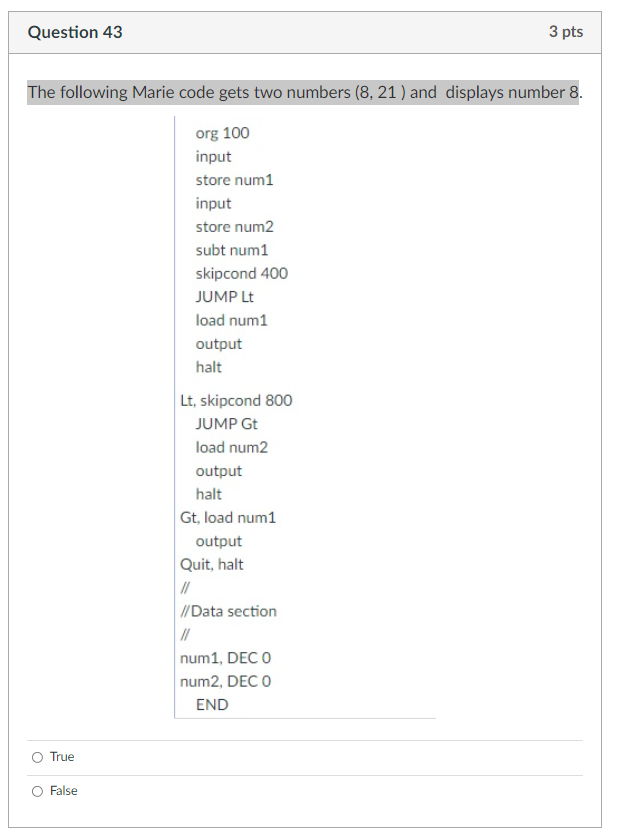 Solved Question 43 3 pts The following Marie code gets two | Chegg.com