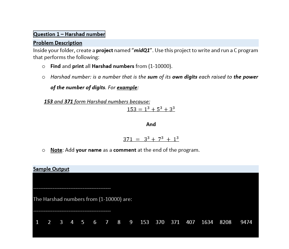 Solved Question 1 - Harshad number Problem Description | Chegg.com