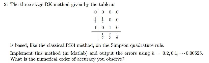 Solved 2. The three-stage RK method given by the tableau | Chegg.com
