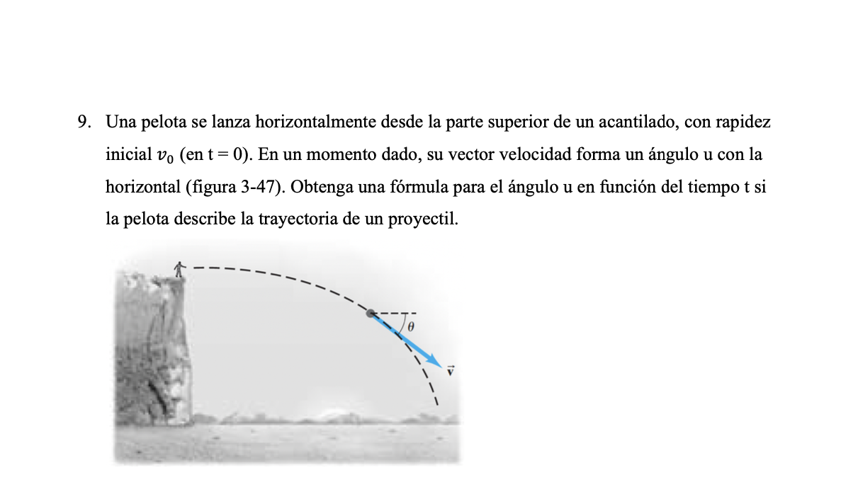 9. Una pelota se lanza horizontalmente desde la parte superior de un acantilado, con rapidez inicial \( v_{0}( \) en \( \math