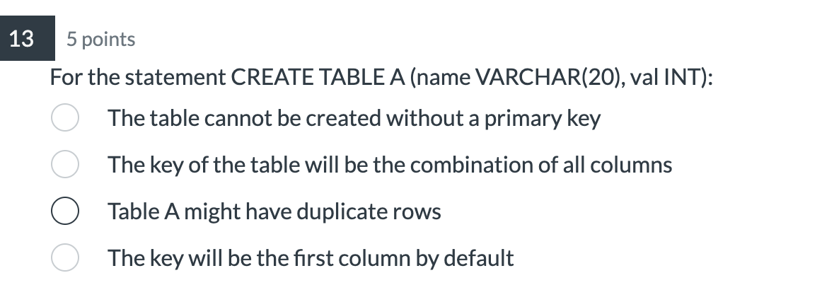 Solved 5 points For the statement CREATE TABLE A (name | Chegg.com