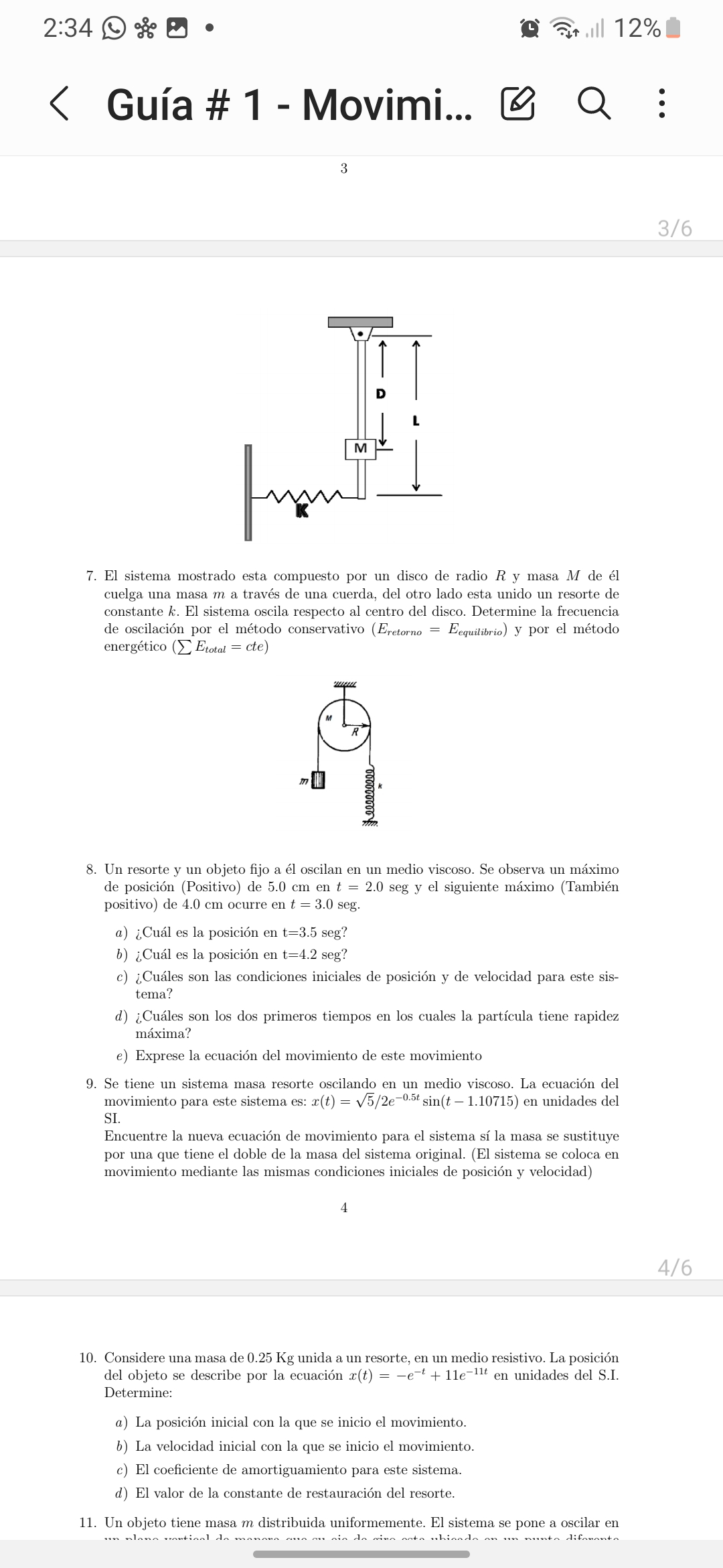 7. El sistema mostrado esta compuesto por un disco de radio \( R \) y masa \( M \) de él cuelga una masa \( m \) a través de