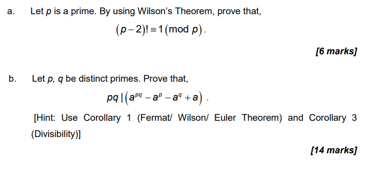 Solved a. Let p is a prime. By using Wilson's Theorem, prove | Chegg.com