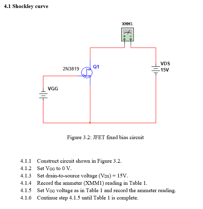 Solved 4.1 Shockley curve XMM1 2N3819 Q1 lih VDS 15V VGG