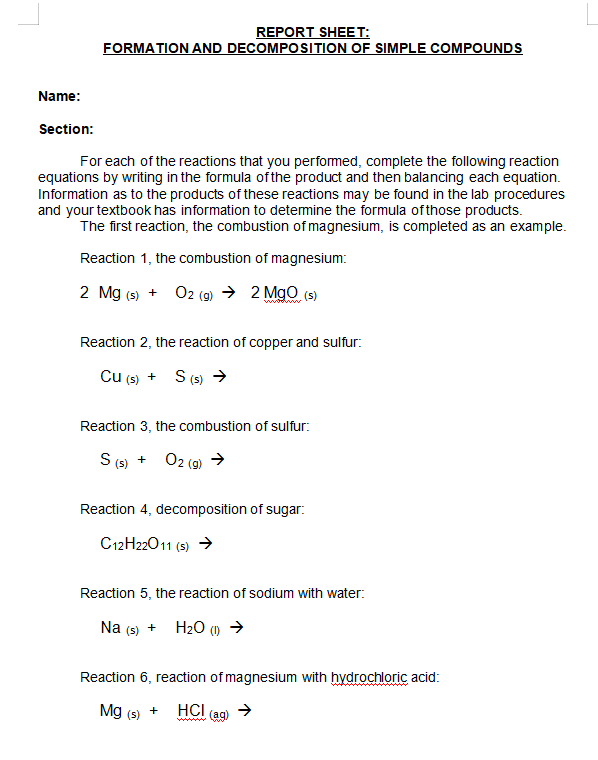 Solved FORMATION AND DECOMPOSITION OF SIMPLE COMPOUNDS | Chegg.com