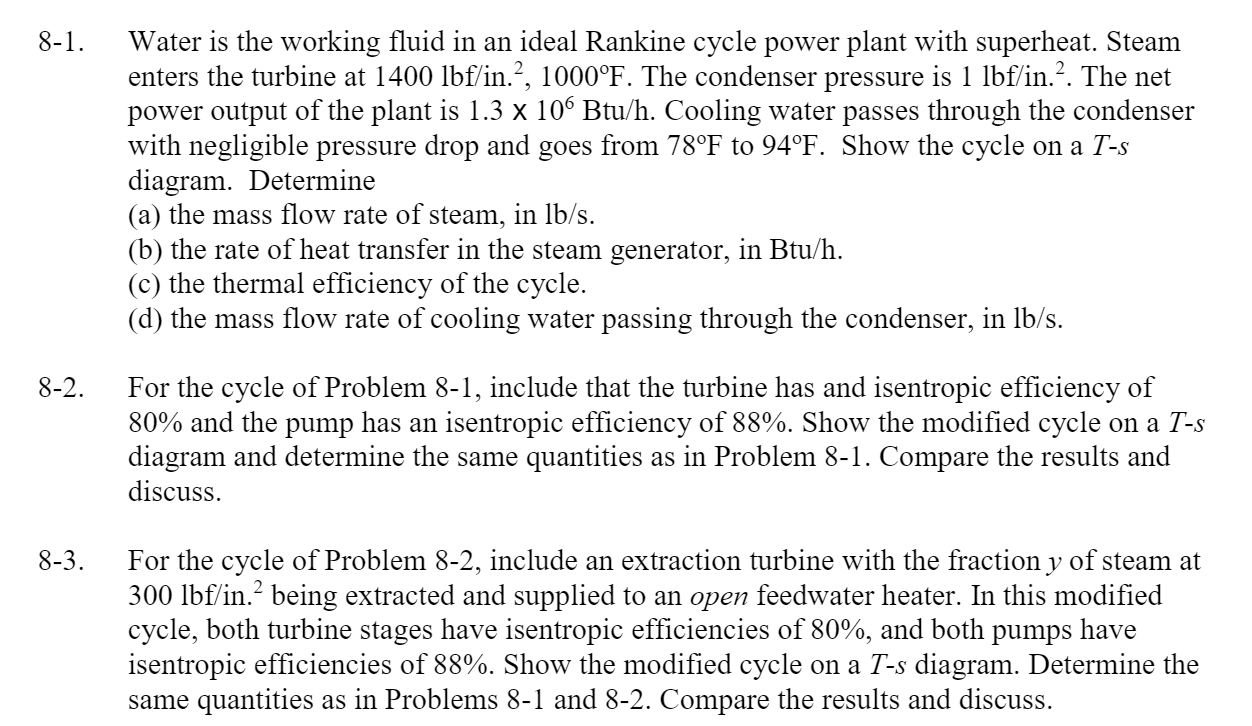 Solved 8-1. Water is the working fluid in an ideal Rankine | Chegg.com