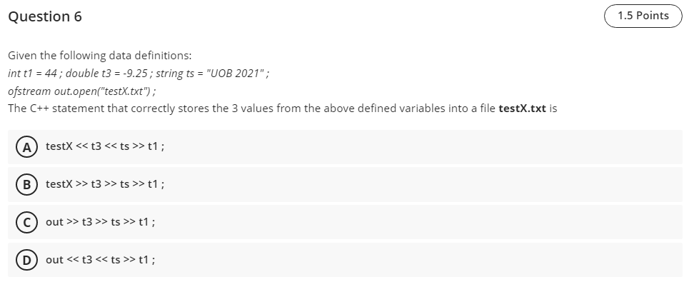 Solved Question 6 1.5 Points Given the following data | Chegg.com