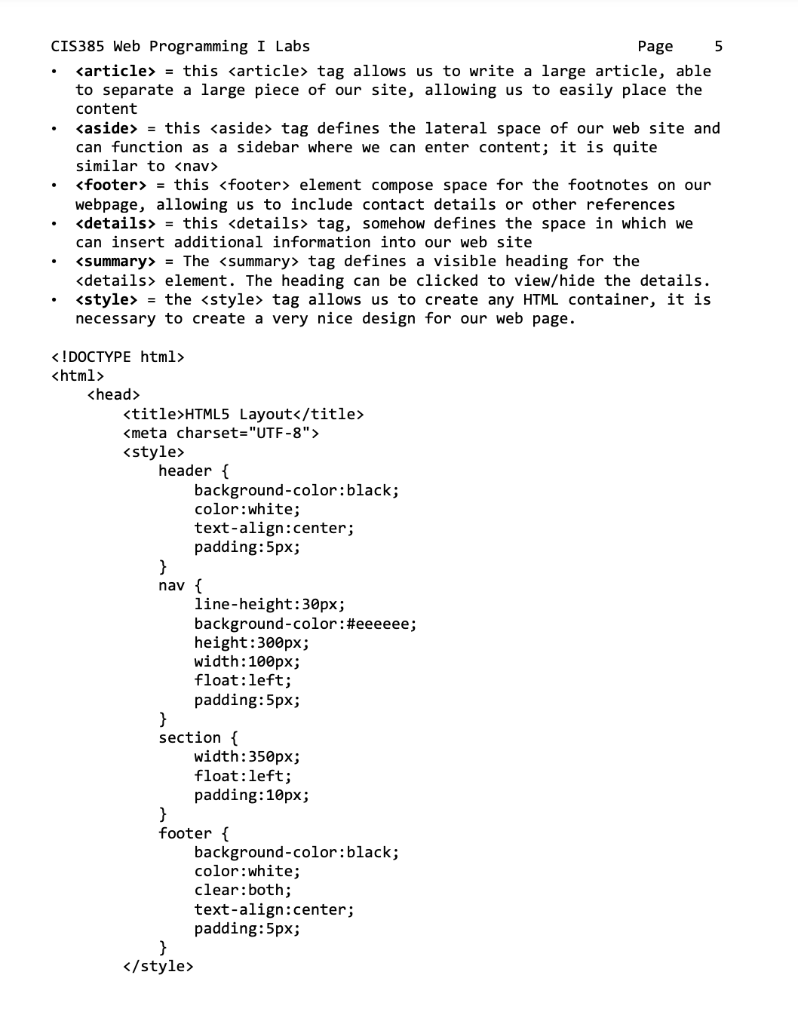 Solved CIS385 Web Programming I Labs Page 1 HTML Layouts A | Chegg.com