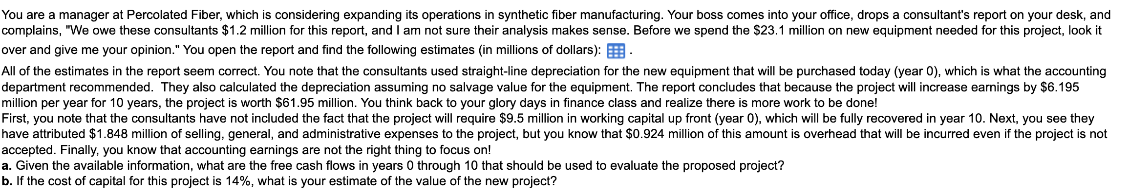 Solved 'ou are a manager at Percolated Fiber, which is | Chegg.com