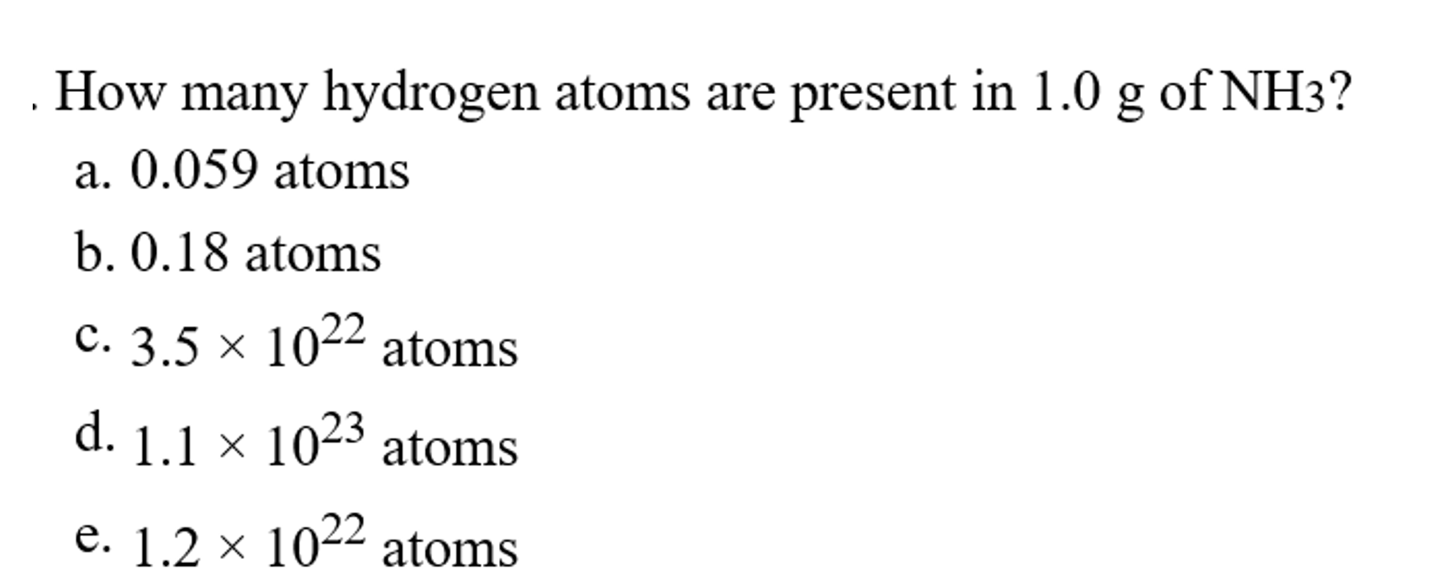 Solved How many hydrogen atoms are present in 1.0 g of NH3 ? | Chegg.com