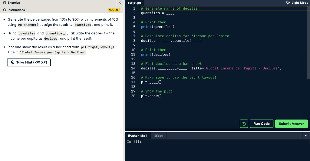 Solved @ Exercise Light Mode Instructions 100 XP • Generate | Chegg.com