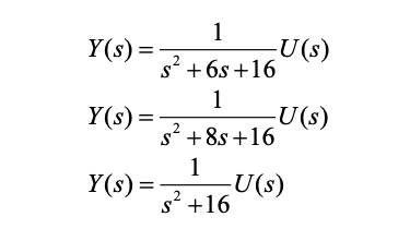 \( Y(s)=\frac{1}{s^{2}+6 s+16} U(s) \)
\( Y(s)=\frac{1}{s^{2}+8 s+16} U(s) \)
\( Y(s)=\frac{1}{s^{2}+16} U(s) \)