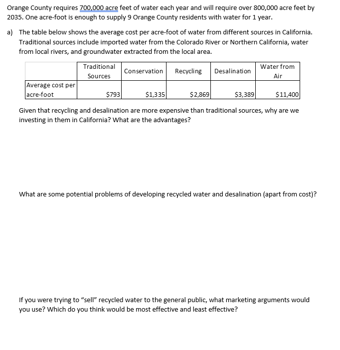 Solved Orange County requires 700,000 acre feet of water | Chegg.com