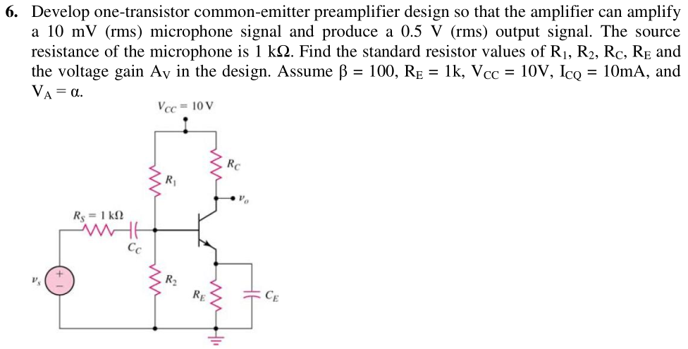 6. Develop one-transistor common-emitter preamplifier Circuit Diagram
