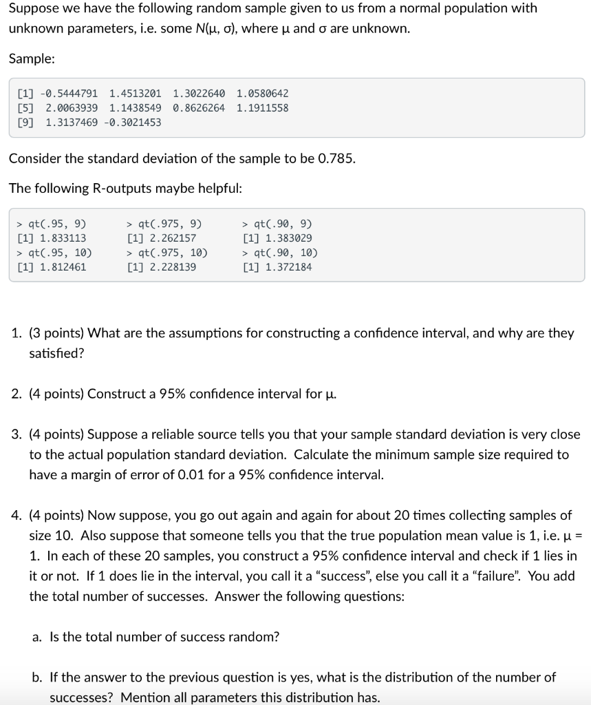 Solved Suppose we have the following random sample given to | Chegg.com