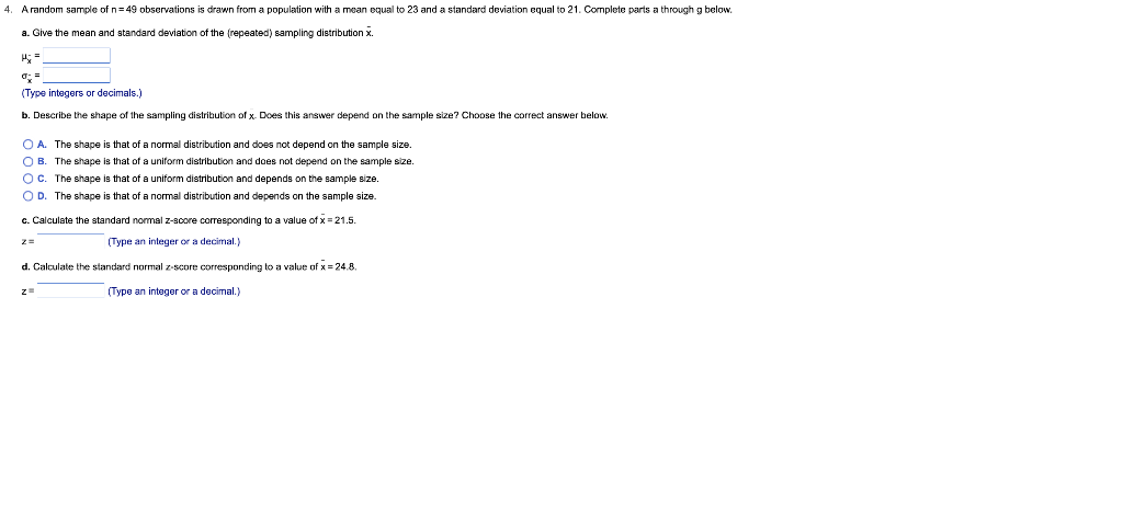 Solved 4. A random sample of n=49 observations is drawn from | Chegg.com