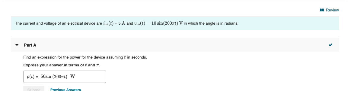 Solved Review The current and voltage of an electrical | Chegg.com