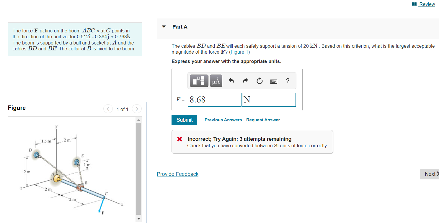 Solved Review Part A The Force F Acting On The Boom Abc Y At 