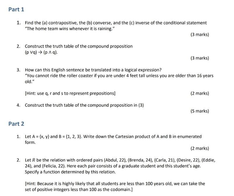 Solved Part 1 1. Find the (a) contrapositive, the (b) | Chegg.com