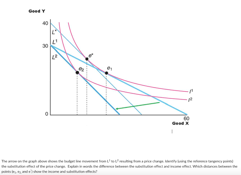 The arrow on the graph above shows the budget line movement from \( \mathrm{L}^{1} \) to \( \mathrm{L}^{2} \) resulting from 