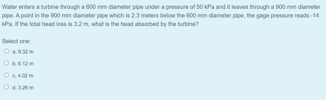 Solved Water enters a turbine through a 600 mm diameter pipe | Chegg.com