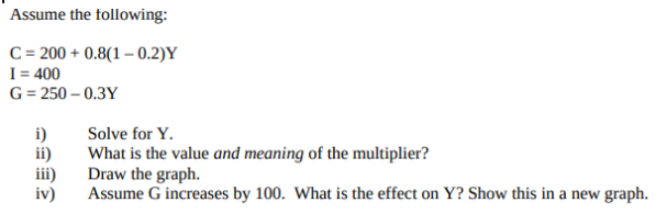 Solved Assume the following: C = 200 + 0.8(1 – 0.2)Y I = 400 | Chegg.com