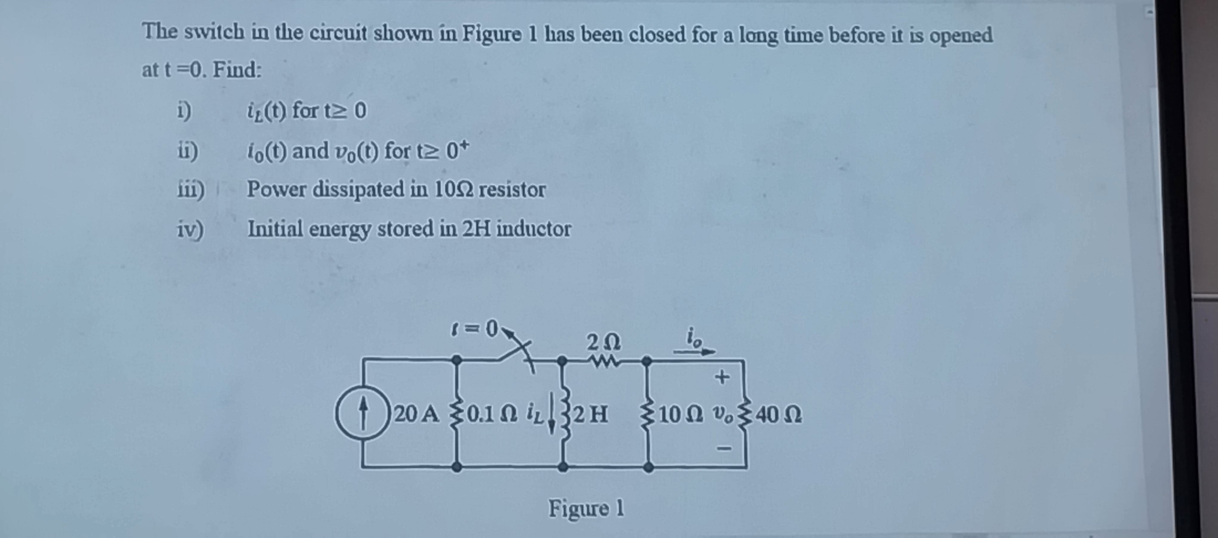 Solved The switch in the circuit shown in Figure 1 has been | Chegg.com