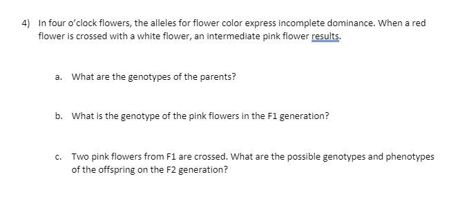 Solved 4) In four o'clock flowers, the alleles for flower | Chegg.com