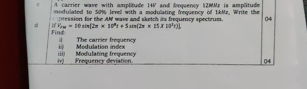 Solved d A carrier wave with amplitude 14V and frequency | Chegg.com