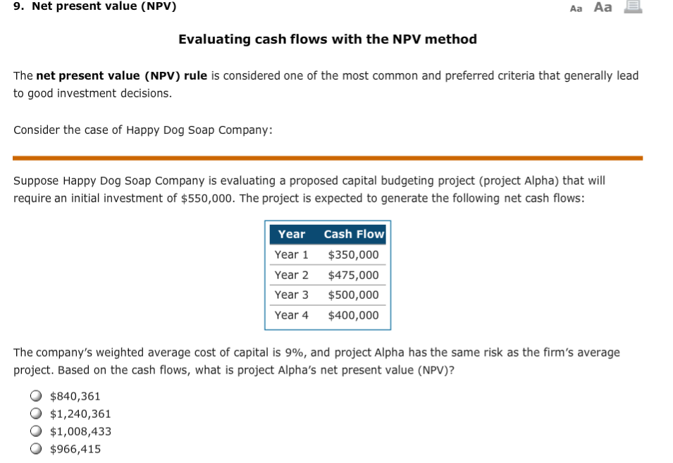 Solved 9 Net Present Value Npv Evaluating Cash F Chegg Com