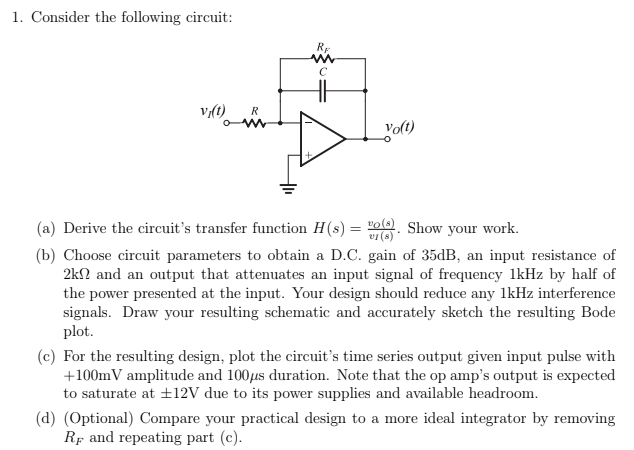 Solved 1. Consider The Following Circuit: (a) Derive The | Chegg.com