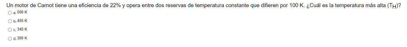 Un motor de Carnot tiene una eficiencia de \( 22 \% \) y opera entre dos reservas de temperatura constante que difieren por \