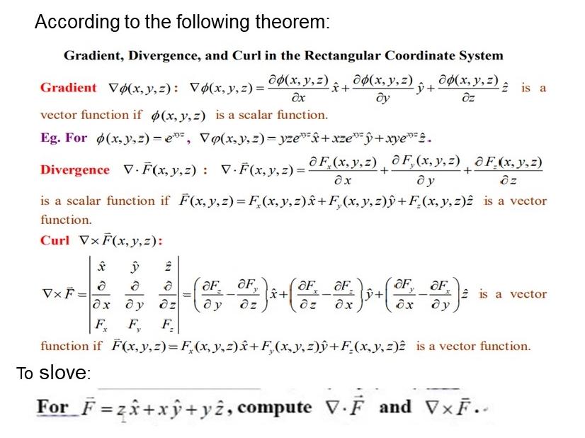 According to the following theorem: Gradient, Divergence, and Curl in the Rectangular Coordinate System Gradient Vo(x, y, z):