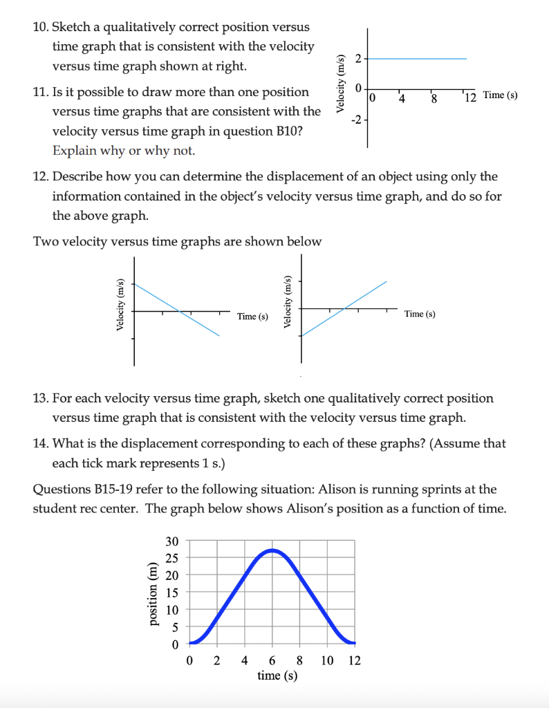 10. Sketch a qualitatively correct position versus time graph that is consistent with the velocity versus time graph shown at