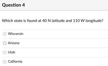 Solved Which state is found at 40 N latitude and 110 W | Chegg.com