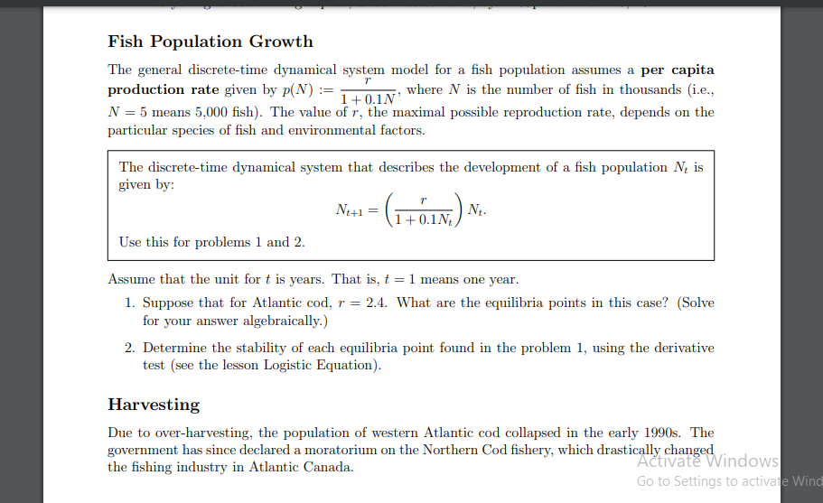 Solved r Fish Population Growth The general discrete-time | Chegg.com