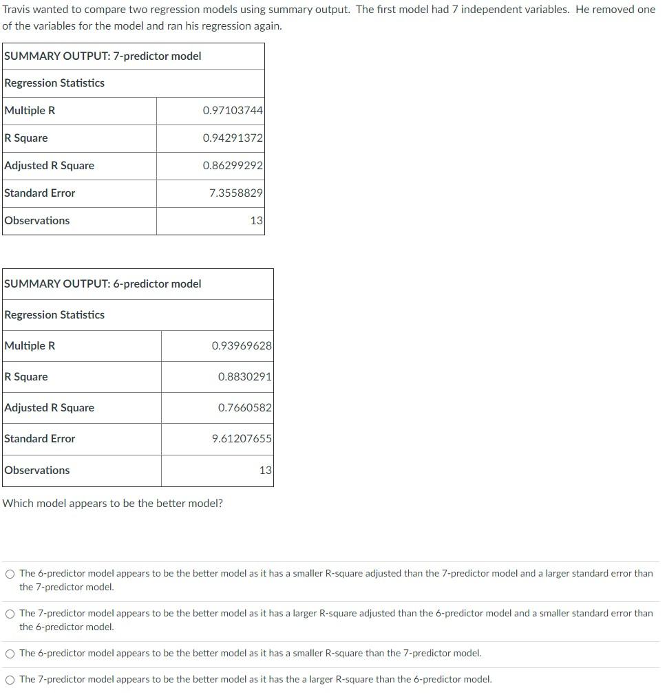 Solved Travis wanted to compare two regression models using | Chegg.com