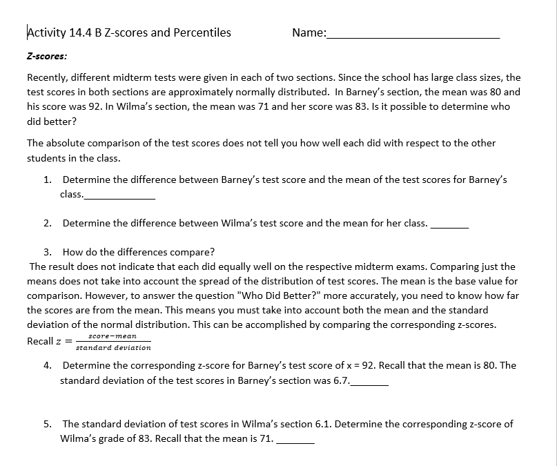 Solved: Activity 14.4 B Z-scores And Percentiles Name: Z-s... | Chegg.com