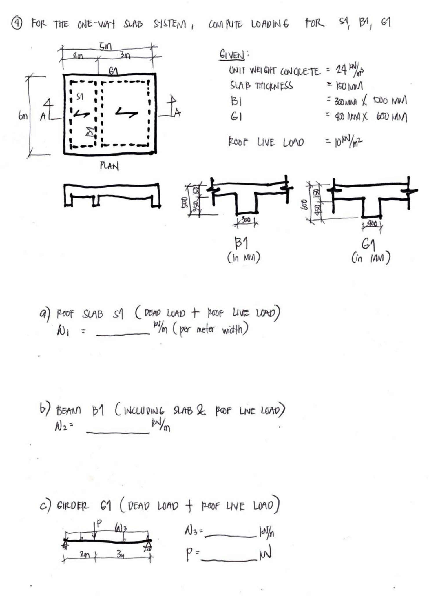 [Solved]: (4) FOR THE ONE-WAY SLAB SYSTEM, COMPUTE LOADING F