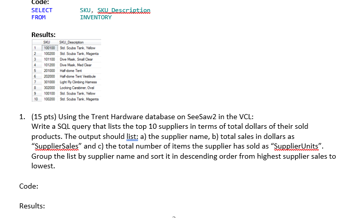 I just need the SQL code and to see the | Chegg.com