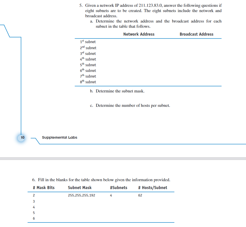 Solved 5. Given a network IP address of 211.123.83.0, answer | Chegg.com