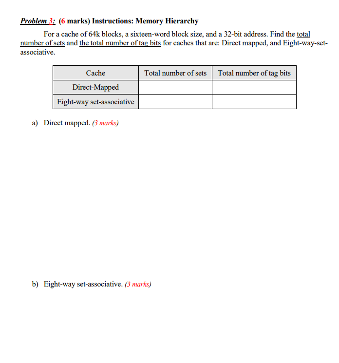 Solved Problem 3: (6 marks) Instructions: Memory Hierarchy | Chegg.com