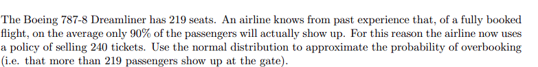 Solved The Boeing 787-8 ﻿Dreamliner has 219 ﻿seats. An | Chegg.com ...