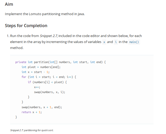 Aim Implement the Lomuto partitioning method in Java. | Chegg.com