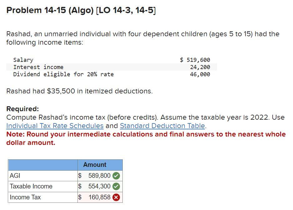 Rashad, an unmarried individual with four dependent children (ages 5 to 15) had the following income items:
Rashad had \( \$ 